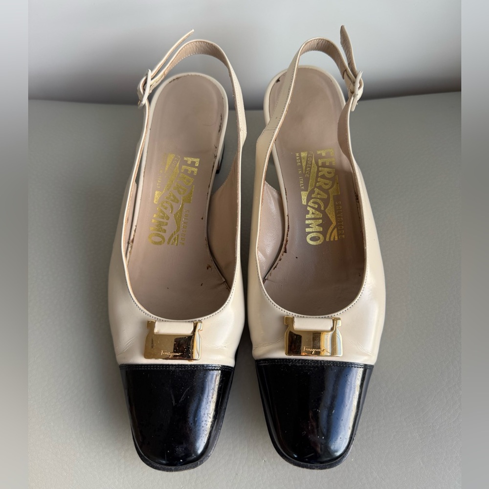 Salvatore Ferragamo Black and Cream Slingback